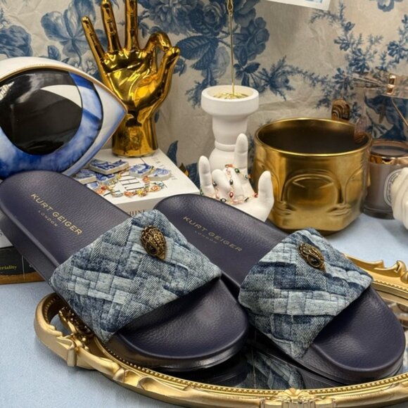 🆕 KURT GEIGER LONDON 🧿 NWOB Blue Denim Meena Eagle Slides, Sz EU 39 US 8.5 - Picture 3 of 11